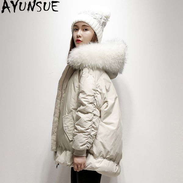 

ayunsue 2019 осень зима вниз куртка женщина с капюшоном вниз пальто женщин большой меховой воротник parka casacas para mujer kj2815, Black