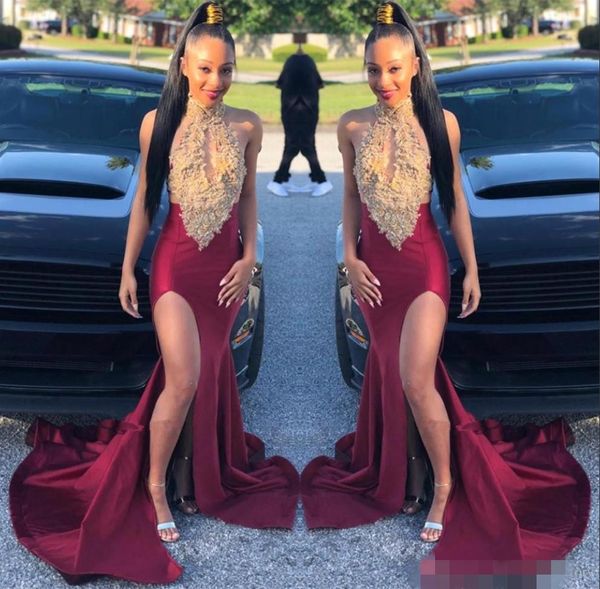 

2019 halter burgundy prom dresses high neck gold appliqued sweep train side slit mermaid long forma occasion wear party gowns, Black