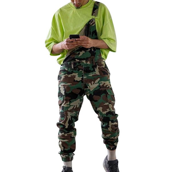 

autumn single shoulder jeans pantalones hombre camouflage print denim jumpsuits strap pencil overalls casual distressed pants, Blue