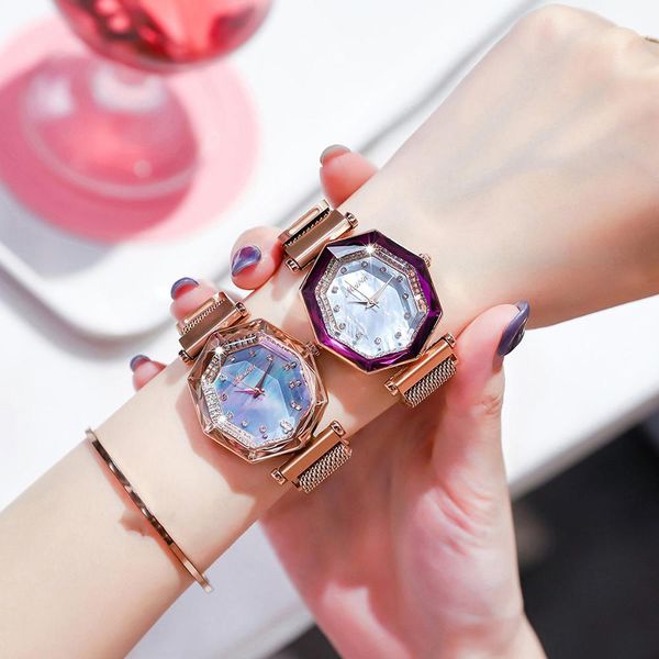 

women's diamond geometric polygon dial magnetic belt ladies watch elegant fashion new 2019 luxury clock gift, Slivery;brown