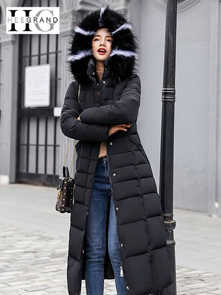 

hee grand maxi winter coat for women 2018 autumn jackets slim ladies fur coats x-long cotton parkas casaco feminino wwm1690, Black