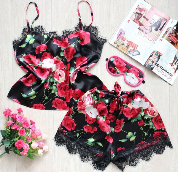 

new style exotic sets lingerie faux silk laces pyjama camisole set sleepwear lace patchwork print summer bow fashion 2019, Red;black