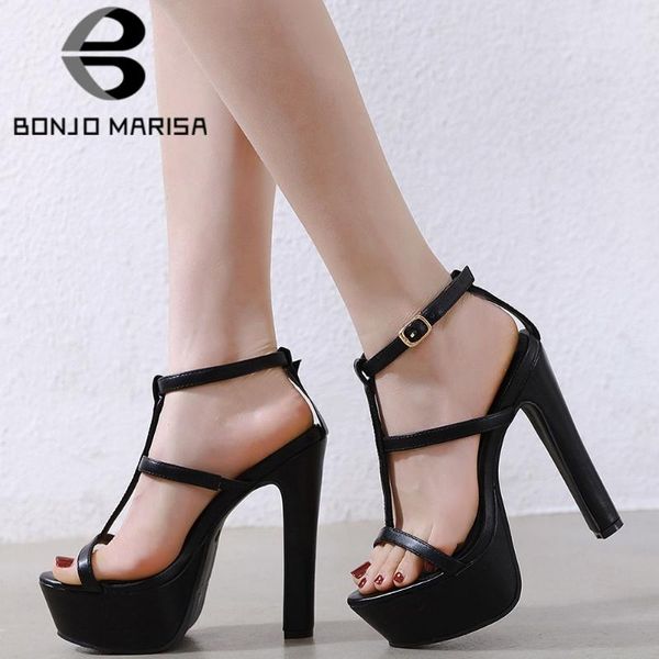

bonjomarisa new ladies elegant solid t-strap sandals super high heels sandals women 2020 summer party platform shoes woman, Black