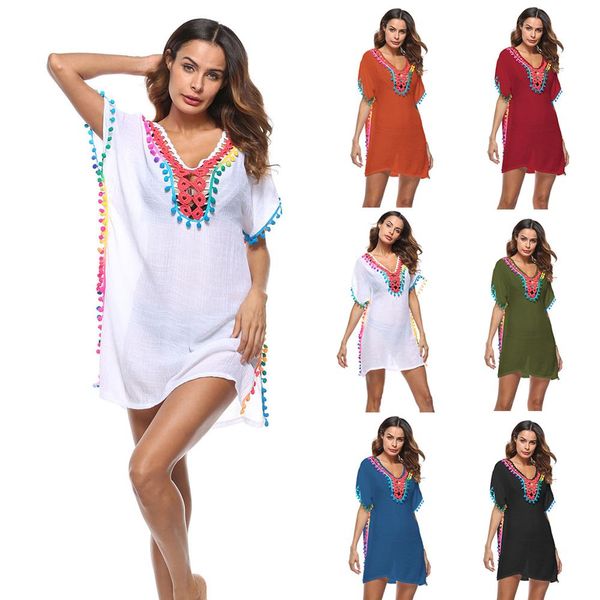 

women bikini cover up crochet knitted beach pompom trim mini dress swimwear pareo bathing cover-up dress, Blue;gray