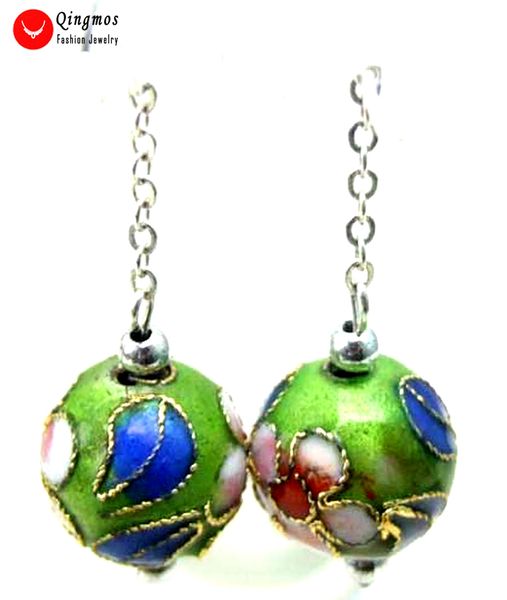 

qingmos trendy cloisonne earrings for women with 12mm round green cloisonne & white flower dangle earring 2" fine jewelry, Silver