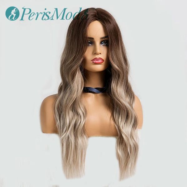 

synthetic wigs long wavy ombre brown blonde for african american women perismoda heat resistant fiber middle part cosplay, Black