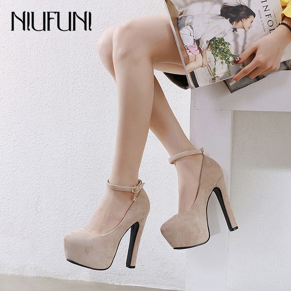 

niufuni women pumps fashion 14cm high heels wedding shoes platform pumps ankle strap ladies party dress shoes suede shoes woman t200525, Black