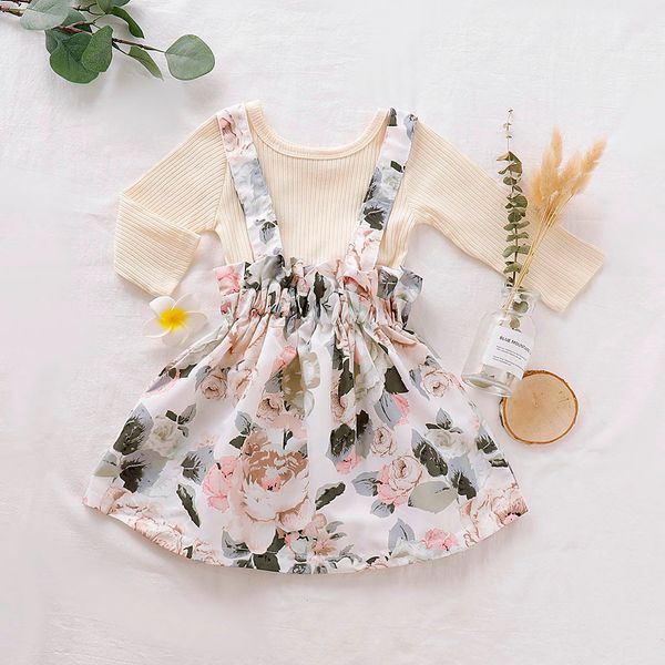 

toddler girls clothes baby girl long sleeve solid +floral print suspender skirts 2pcs children autumn winter outfits set, White
