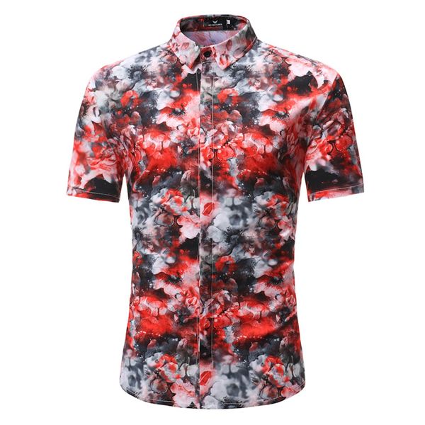 

flower shirt summer men new style red printed short sleeve shirt hawaii men blouse 2019 slim european style for, White;black