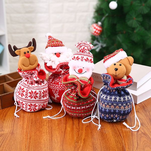 

knitted christmas gift holders bags drawstring candy gift bags santa elk bear pattern bag for christmas gifts