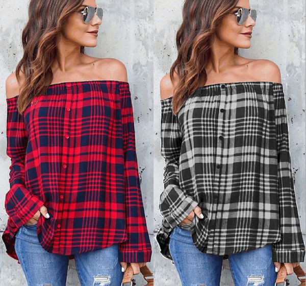 

women plaid shirt off shoulder shirt long sleeve women loose casual cotton slash neck, White