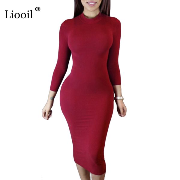 

liooil 2020 весна платье водолазка с длинным рукавом черный бордовый midi bodycon платья мода зима плюс размер одежды для женщин, Black;pink