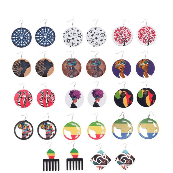 

new geometric round dangle wooden earrings hollow out printed map/comb/face mixed style charm pendant ear hook earring women jewelry gifts, Silver
