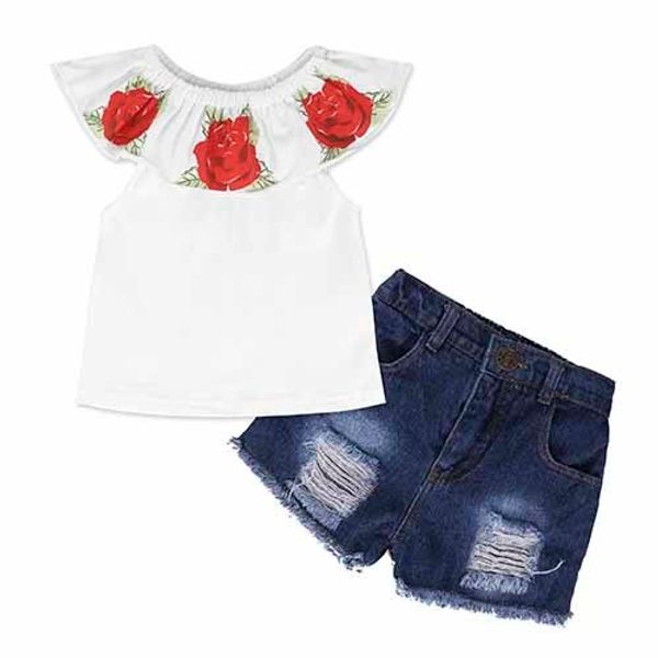 Pink Hole Pants Clothes Set Baby Girls Stripe Off Shoulder Hanging Neck Top