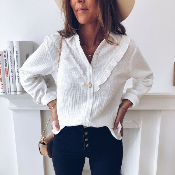 

2019 spring autumn ruffles blouse women ladies casual lace v neck white shirt long sleeve blusas female holiday plain shirt