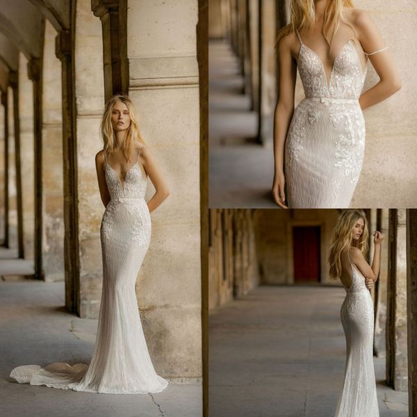 

gali karten 2019 mermaid wedding dresses spaghetti v neck lace appliqued sweep train wedding gowns beads beach backless long bridal dress, White