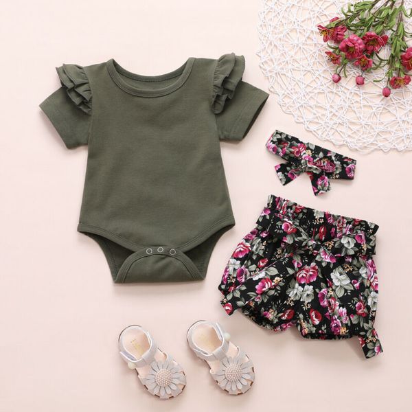 

newborn baby girls kid clothes sets 3pcs romper flower print pants headband cotton clothes 0-24m, White