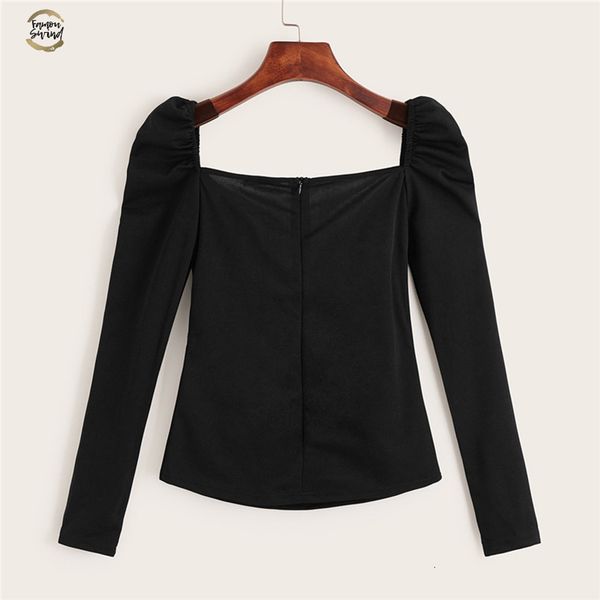 

black sexy zip назад puff рукав тонкого монтажн wrap милой шея блуза женщина solid top spring club high street блуза, White