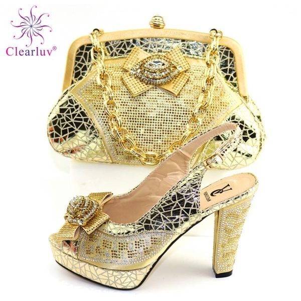 

v2107 gold italian women shoes and bag set with shinning crystal new design african women shoes matching bag set, Black