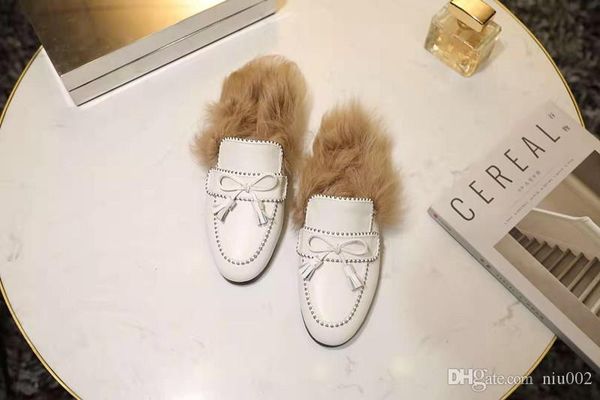 

autumn winter girl plush slippers fashion women designer outdoor keep warm shoes flat slides fur hair sandals size 36-41 bmh19090501, Black