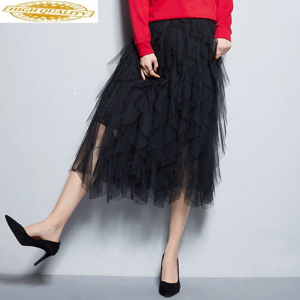 

summer 2020 women's skirt korean tulle mesh midi skirt irregular women skirts black elegant clothes long falda mujer kj1740