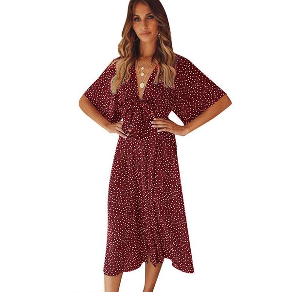 

summer vintage polka dot print long dresses new women long sleeve deep v elegant casual boho midi dress female dresses, Black;gray