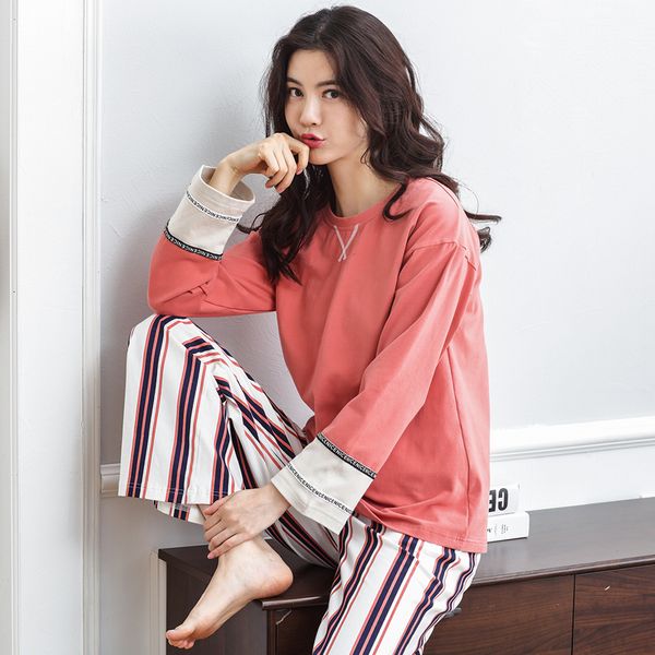 

new autumn pure cotton women pajamas long sleeve striped pants home clothes nightgowns sleep lounge student home wear suit, Blue;gray