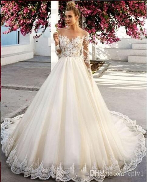 

a line long sleeve ivory sheer lace applique beach country wedding dresses bridal gown vestito da sposa princess wedding gowns h072, White