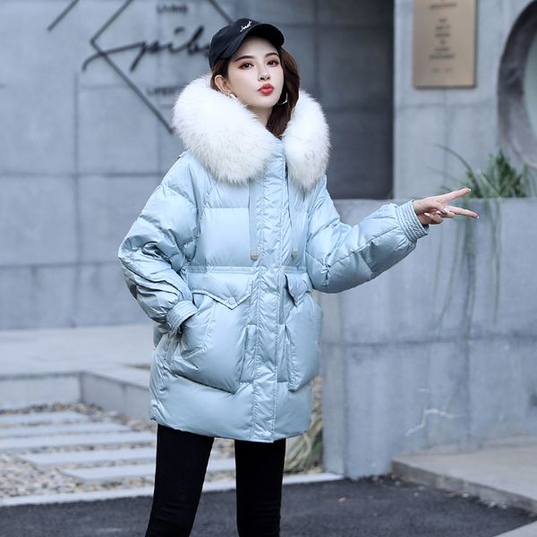 

women winter coat fashion fur collar glossy hooded warm down cotton jacket coat female plus size parka outwear jaqueta feminina, Black