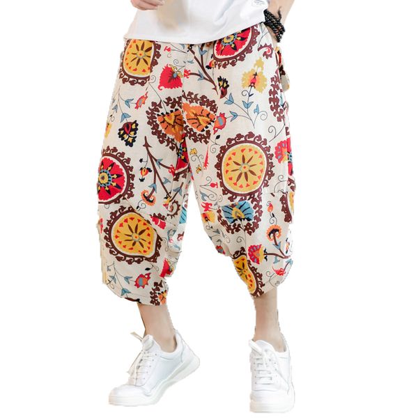 

men's pants men wide leg trousers 2021 summer linen harem calf length print beach male bloomers punk hip hop track, Black