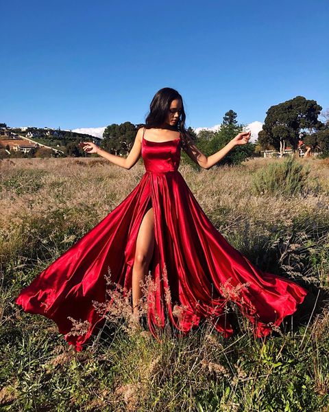 

criss-cross back long prom dresses candy color strapless satin prom gowns spaghetti strap slit evening party dresses, Black