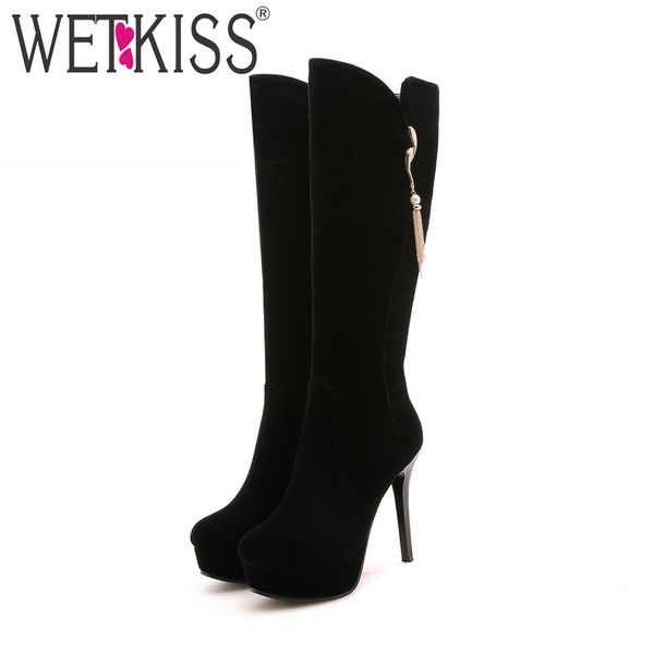 

wetkiss black knee high women boots round toe footwear tassel rubber platform female boot fashion shoes women 2018 plus size 42