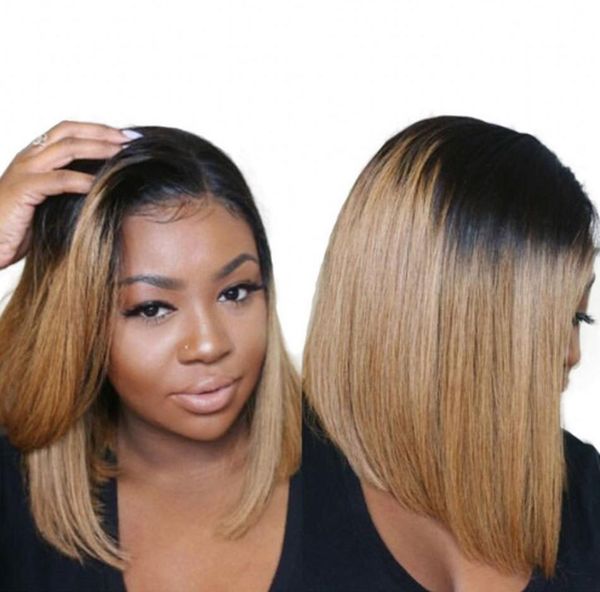 

1b 27 lace front wig for women ombre blonde straight human hair brazilian short bob wigs 8-14 inch, Black;brown