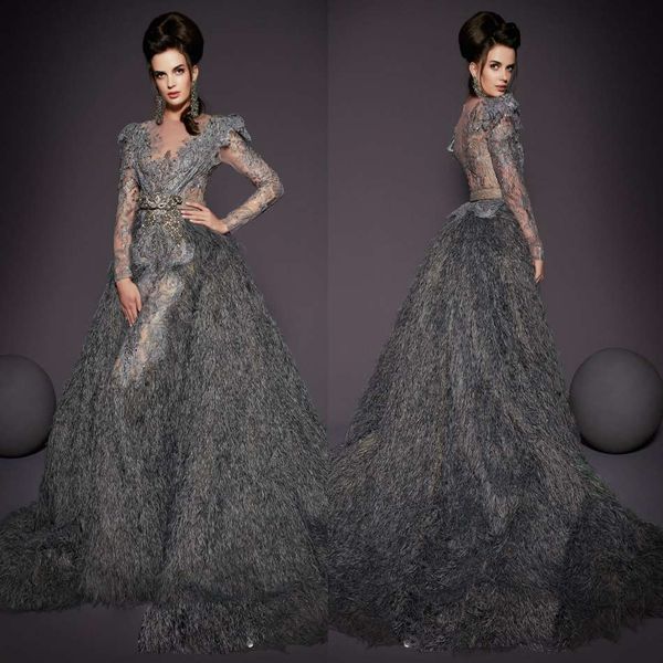 

luxury feather mermaid evening dresses with detachable train lace appliqued beaded long sleeve prom gowns arabic modest formal party dress, Black;red