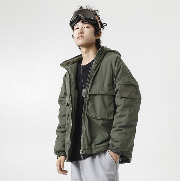 

winter new original tide brand ins japanese stitching tooling coat loose hooded cotton men's hooded shirt, Black