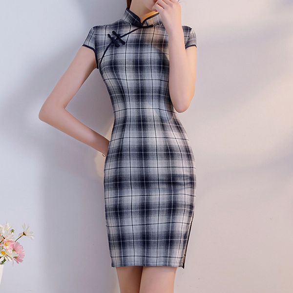 

cotton short qipao summer dress women traditional chinese clothing vintage fashion sweet girl plaid cheongsams dresses vestidos, Red