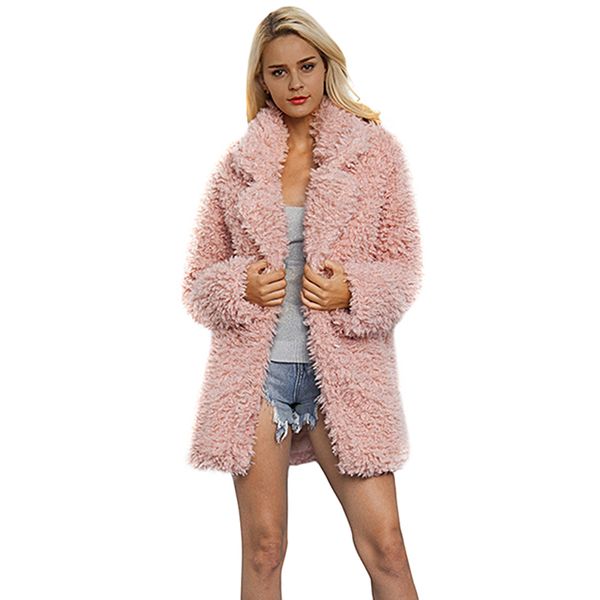 

winter women faux fur coat long solid pink turn down collar thick teddy jacket long sleeve fluffy outerwear hairy warm overcoat, Black