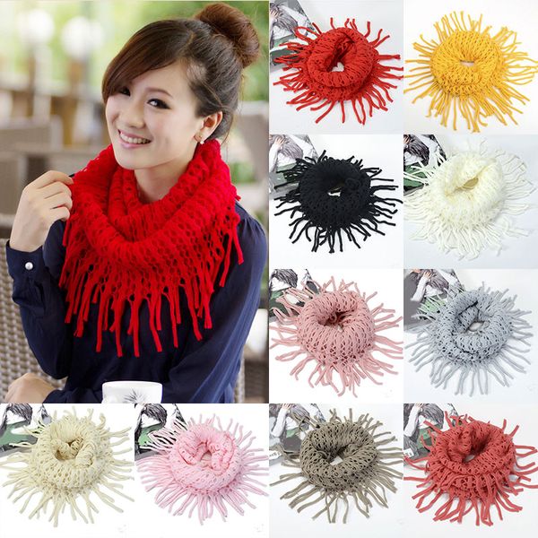 

2019 new fashion womens winter warm knitted layered fringe tassel neck circle shawl snood scarf cowl 10colors, Blue;gray