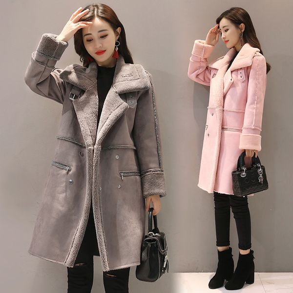 

new 2018 winter lambswool suede jacket thicken coat warm long sleeve jacket women autumn female long overcoat parkas, Black