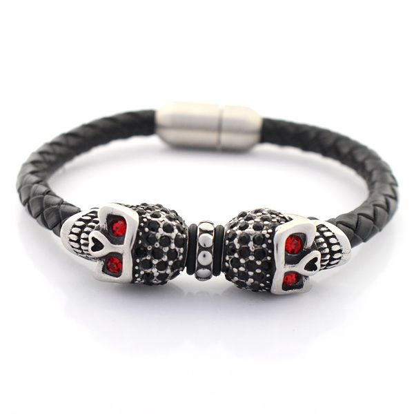

6mm retro genuine leather bracelet never fade stainless steel crystal skull charms beads bangles with magnet clasp bangles, Golden;silver