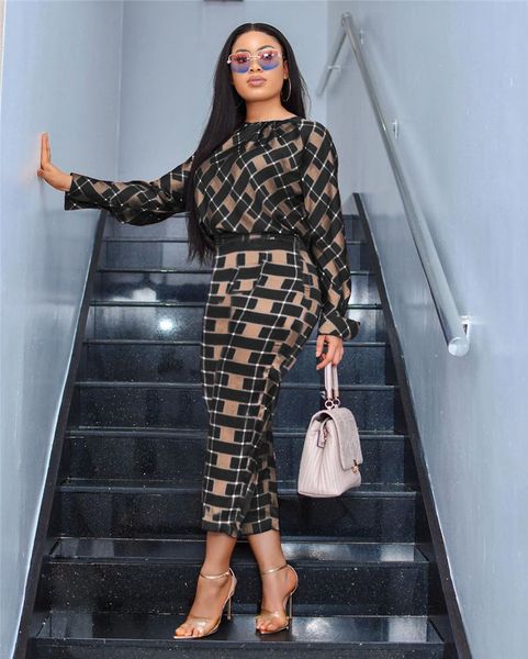 

женщины проектировщик костюмы двухкусочного брюки 2pcs костюмы брюки плед printed одежда наборы костюмы с длинным рукавом, White