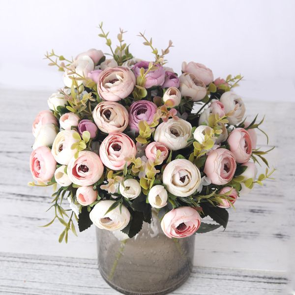 

european vintage artificial silk tea rose flowers 6 head 4 small bud bouquet wedding home retro fake flower party diy decoration