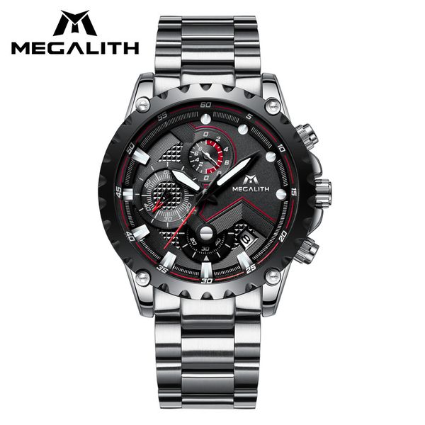 

megalith waterproof mens watch black stainless steel strap chronograph sports watch men quartz watches for mens wristwatch clock, Slivery;brown
