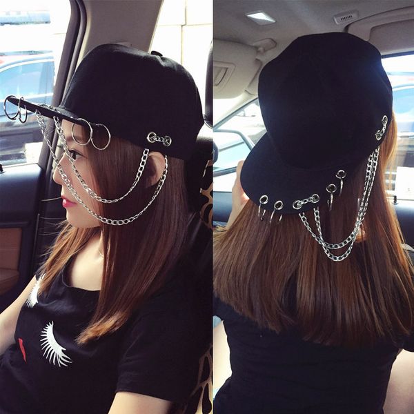 

harajuku fashion swag rivet chains baseball caps hip hop hat iron hoop snapback cap trend couple dance baseball cap for women, Black;white
