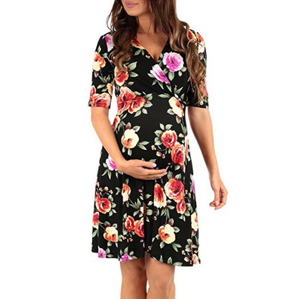 

women maternity dresses summer floral print half sleeve v neck belt dress loose maternity pregnancy sleepwear, Black;gray