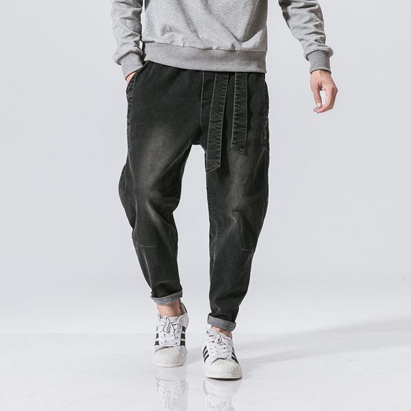 

2019 autumn and winter new style japanese-style washing loose-fit belt jeans chinese-style retro men's youth trousers, Blue