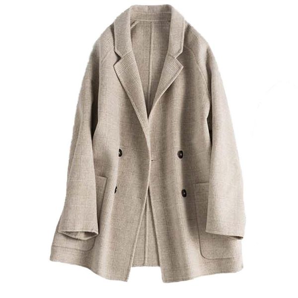 

women 2019 spring autumn elegant double-faced wool coat female plaid lapel blazer coats ladies loose casual woolen outwear v770, Black