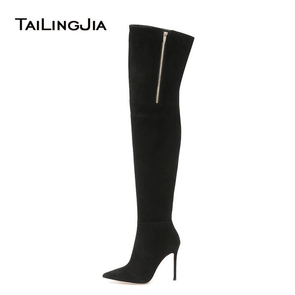 

thigh high long boots for women pointed toe stiletto high heels zipper 2019 winter faux suede over the knee boots big size, Black