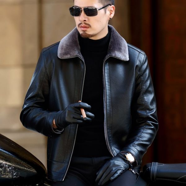 

the new men's leather leather men's casual jacket lapel coat, Black