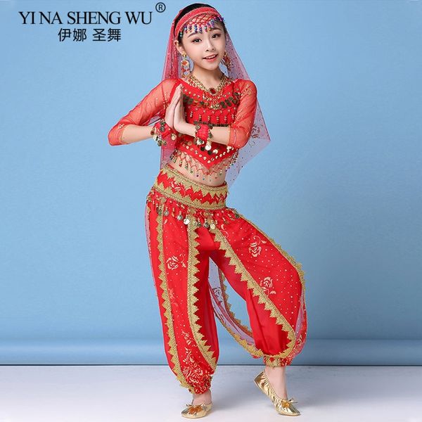 

children bollywood belly dance costume set sari girls dance performance chiffon outfit children costumes set, Black;red